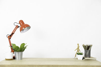 Potted plant on table against wall