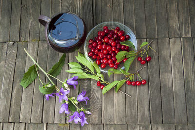 High angle view of strawberries on table