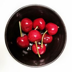 Directly above shot of red cherries over white background