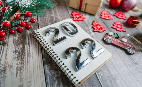 High angle view of christmas decoration on table