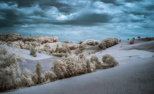 Scenic view of and against sky in infrared 