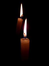 Close-up of illuminated candle against black background