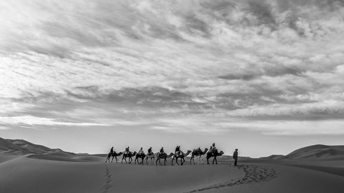 Group of people on desert against sky