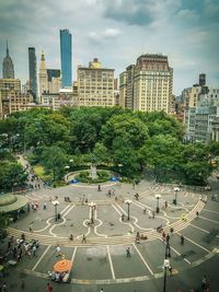 High angle view of people on street in city