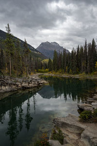 Scenic view of lake by trees against sky