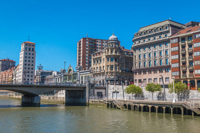 Bridge over river in city against clear blue sky