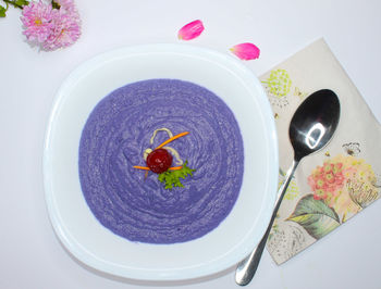 High angle view of food in plate on table