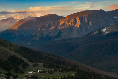 Scenic view of snowcapped mountains against sky during sunset