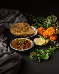 High angle view of food served on table