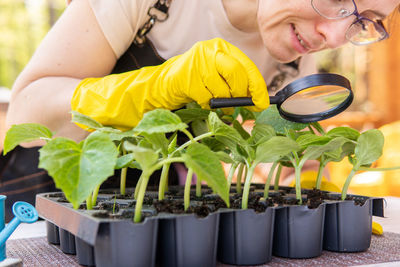 Midsection of woman holding yellow potted plant