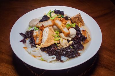 High angle view of food in plate on table