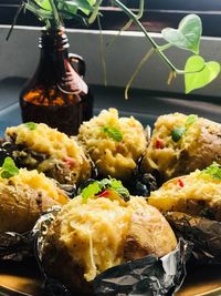 Close-up of food served on table