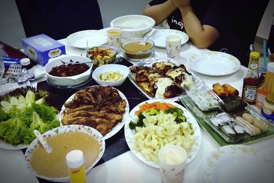 High angle view of food served on table