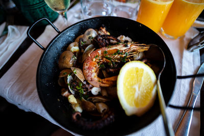 High angle view of breakfast served on table