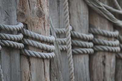 Close-up of ropes tied up of wooden posts
