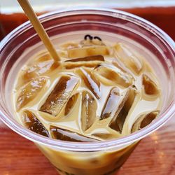 High angle view of drink in bowl on table