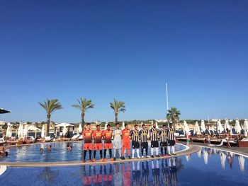 View of built structures against clear blue sky