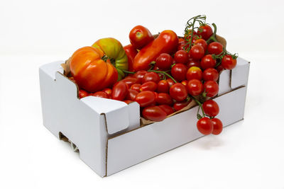 High angle view of tomatoes against white background