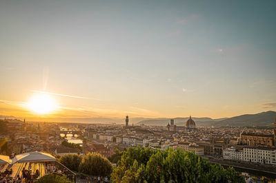 Scenic view of town against sky during sunset