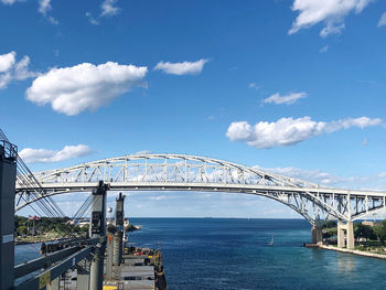 Bridge over river against cloudy sky