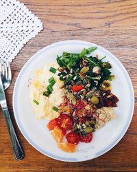 Directly above view of fresh breakfast served in plate on white table