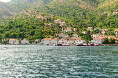 Small town in boka bay shot from boat