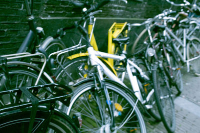 Bicycle parked against wall