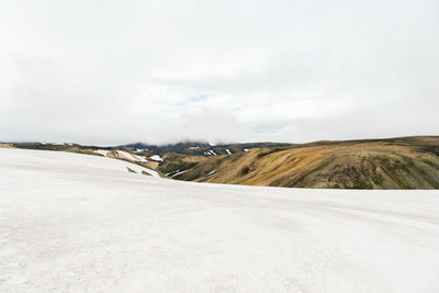 View of snowy landscape in iceland on cloudy day during famous laugavegur trail