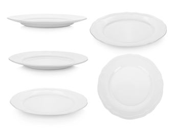 Montage of ceramic plates against white background