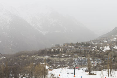 Aerial view of city against sky during winter