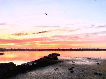 Scenic view of sea against orange sky