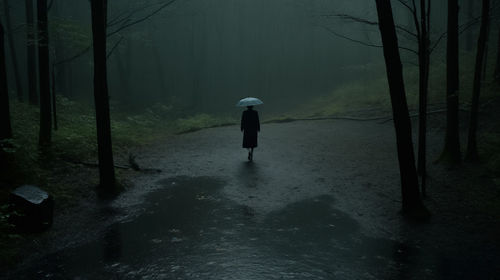 Rear view of man walking in forest