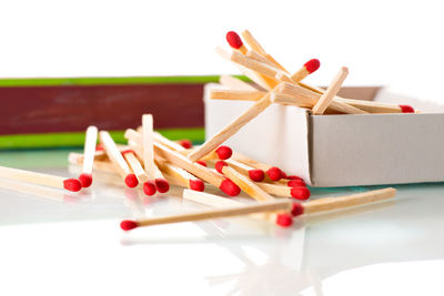 High angle view of multi colored candies on table