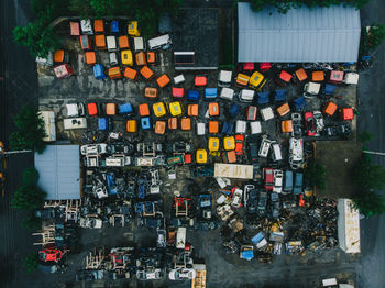 Directly above shot of abandoned cars in city