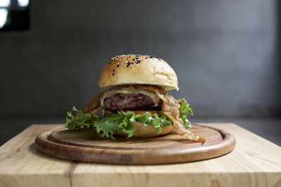 Close-up of burger on cutting board