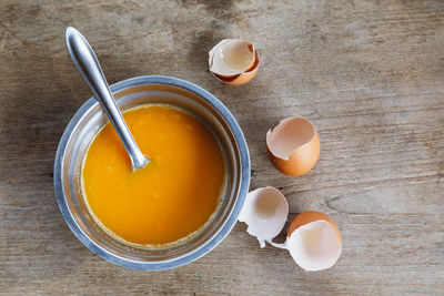 High angle view of breakfast on table