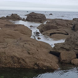 Scenic view of rocks on beach against sky