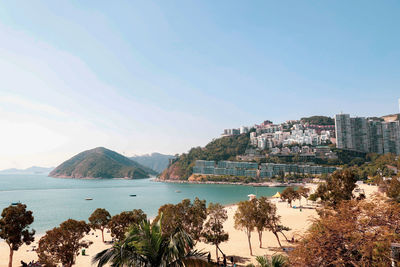 Scenic view of bay against clear sky