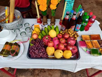 High angle view of fruits on table at market stall