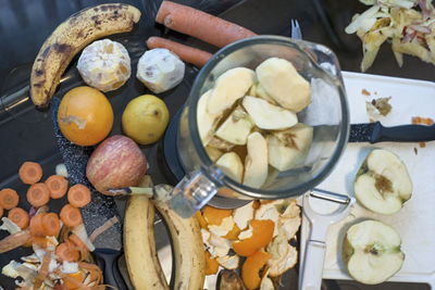 High angle view of fruits in plate on table