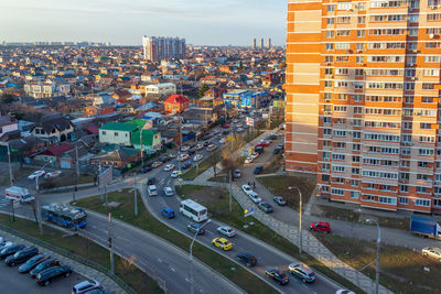 High angle view of street amidst buildings in city