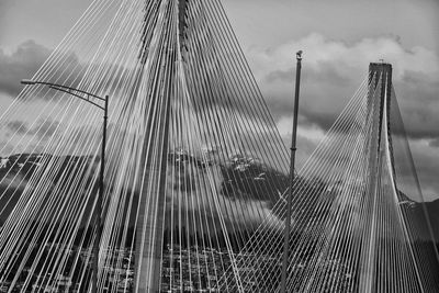Low angle view of suspension bridge against sky