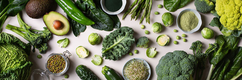 Variety of green vegetables. clean eating. local food, seasonal produce from the market