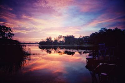 Scenic view of lake against sky at sunset