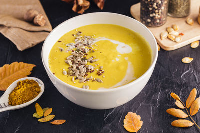 High angle view of soup in bowl on table