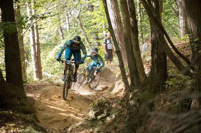 Woman with bicycle on tree trunk in forest