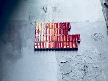 High angle view of multi colored pencils on wall