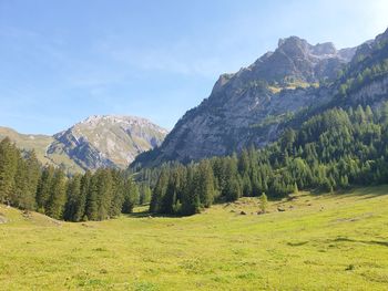 Scenic view of landscape and mountains against sky