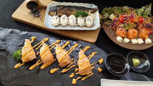 High angle view of sushi on table