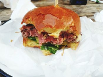 High angle view of burger on table